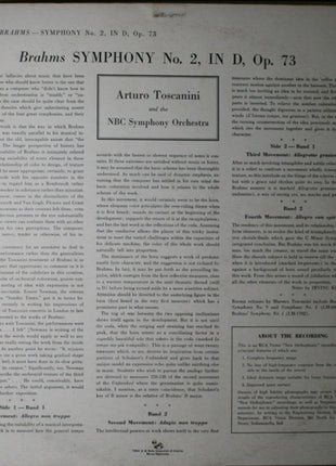 Johannes Brahms - Arturo Toscanini And The NBC Symphony Orchestra : Symphony No. 2 In D Major (LP, Album, RE)