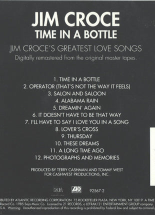Jim Croce : Time In A Bottle Jim Croce's Greatest Love Songs (CD, Comp, Club, RE, RM)