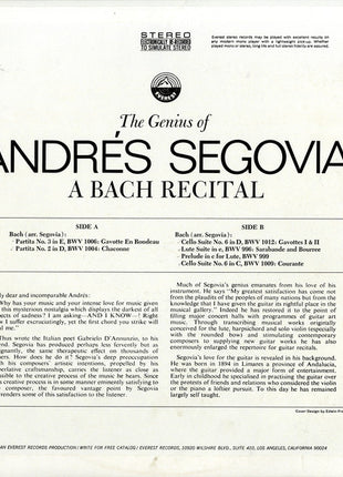 Andrés Segovia : The Genius Of Andrés Segovia - A Bach Recital (LP, Album)