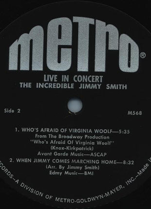 Jimmy Smith : Live In Concert - The Incredible Jimmy Smith (LP, Album, Mono)