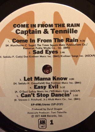 Captain And Tennille : Come In From The Rain (LP, Album, Pit)