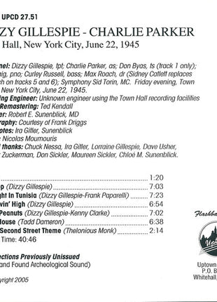 Dizzy Gillespie - Charlie Parker : Town Hall, New York City, June 22, 1945 (CD, Album, Mono, RM)