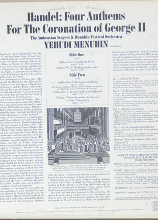 Georg Friedrich Händel - The Ambrosian Singers & Menuhin Festival Orchestra, Yehudi Menuhin : Handel: Four Anthems For The Coronation Of George II (LP, Album)