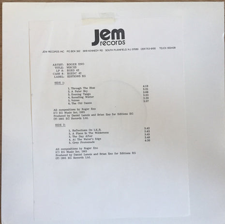 Roger Eno : Voices (LP, Album, TP)