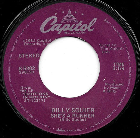 Billy Squier : She's A Runner (7", Single, Win)