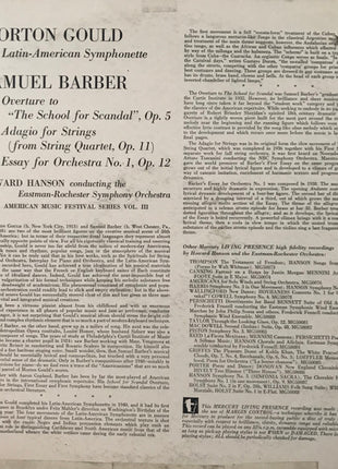 Morton Gould, Samuel Barber, Eastman-Rochester Orchestra, Howard Hanson : Latin American Symphonette / School For Scandal, Adagio, Essay (LP, Album, Mono)