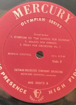 Morton Gould, Samuel Barber, Eastman-Rochester Orchestra, Howard Hanson : Latin American Symphonette / School For Scandal, Adagio, Essay (LP, Album, Mono)