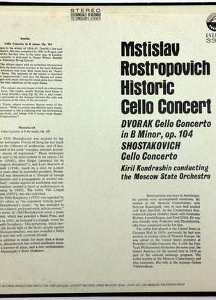Mstislav Rostropovich - Antonín Dvořák / Dmitri Shostakovich - Kiril Kondrashin Conducting The Moscow State Symphony Orchestra : Historic Cello Concert (LP, Album, RP)