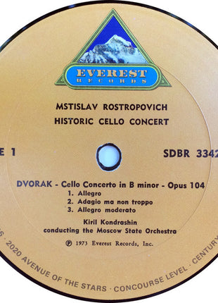Mstislav Rostropovich - Antonín Dvořák / Dmitri Shostakovich - Kiril Kondrashin Conducting The Moscow State Symphony Orchestra : Historic Cello Concert (LP, Album, RP)