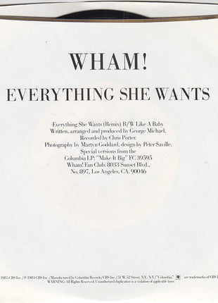 Wham! : Everything She Wants  (7", Single, Styrene, Car)