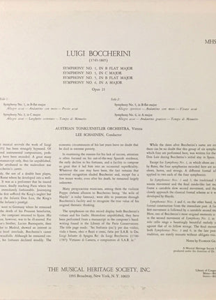 Luigi Boccherini / Tonkünstler Orchestra, Lee Schaenen : Symphonies Nos. 1, 3, 5 & 6, Opus 21 (LP)