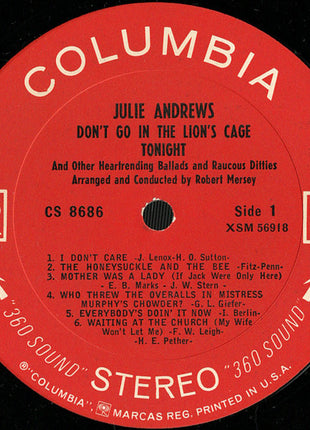 Julie Andrews : Don't Go In The Lion's Cage Tonight And Other Heartrending Ballads And Raucous Ditties (LP, Album)