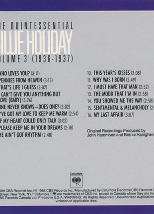 Billie Holiday : The Quintessential Billie Holiday Volume 3 (1936-1937) (CD, Comp, Mono, RM)