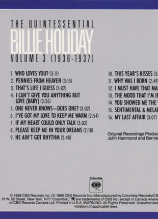 Billie Holiday : The Quintessential Billie Holiday Volume 3 (1936-1937) (CD, Comp, Mono, RM)