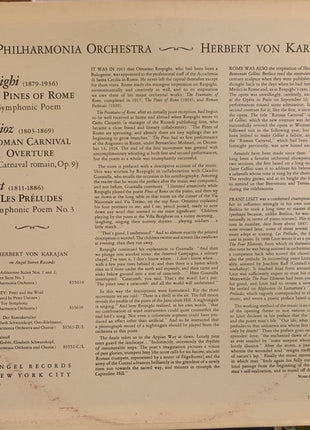 Franz Liszt, Ottorino Respighi, Hector Berlioz, Philharmonia Orchestra, Herbert von Karajan : Les Preludes - The Pines Of Rome - Roman Carnival Overture (LP, RE)