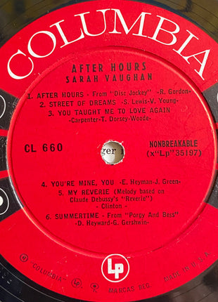 Sarah Vaughan : After Hours With Sarah Vaughan (LP, Album, Mono, RP)