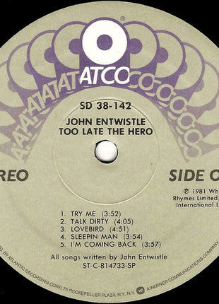 John Entwistle : Too Late The Hero (LP, Album, SP )