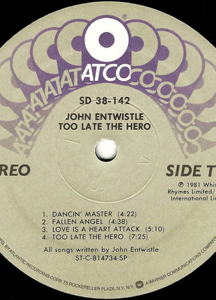 John Entwistle : Too Late The Hero (LP, Album, SP )