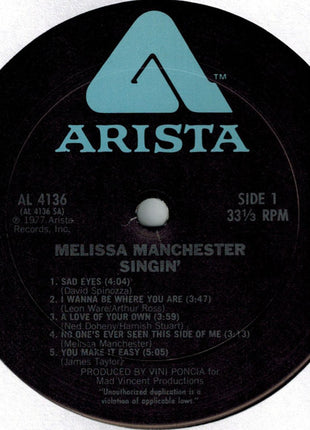 Melissa Manchester : Singin' (LP, Album, Ter)