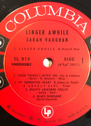 Sarah Vaughan : Linger Awhile (LP, Album, Mono)