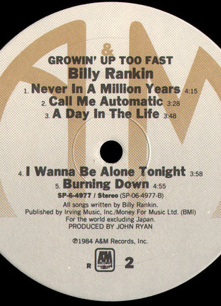 Billy Rankin : Growin' Up Too Fast (LP, Album, Ind)