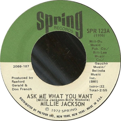 Millie Jackson : Ask Me What You Want / I Just Can't Stand It (7", Jac)