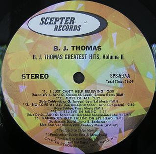 B.J. Thomas : Greatest Hits Volume Two (LP, Comp, RE)