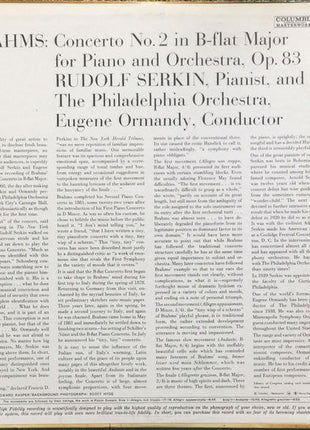 Rudolf Serkin / Eugene Ormandy Conducts The Philadelphia Orchestra / Johannes Brahms : Piano Concerto No. 2 In B Flat Major (LP, Album, Mono)