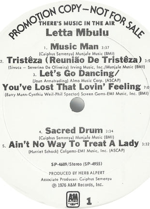 Letta Mbulu : There's Music In The Air (LP, Album, Promo)