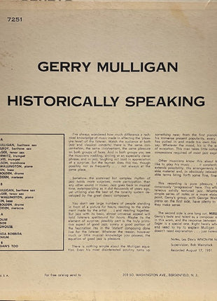 Gerry Mulligan : Historically Speaking (LP, Comp, Mono, RE)