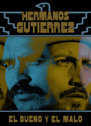 the album cover for Hermanos Gutierrez - El Bueno Y El Malo [Indie Exclusive Limited Edition Blue & White Opaque Marble LP]