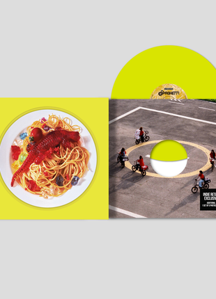 the album cover for LE SSERAFIM - 1st Single Album 'SPAGHETTI' (Indie Exclusive) [Neon Yellow + Photocards]