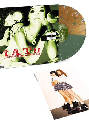the album cover for T.A.T.U. - 200 Km/H In The Wrong Lane [Green/Gold Nugget Split Splatter]