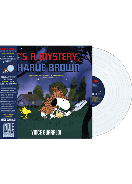 the album cover for Vince Guaraldi - It's a Mystery, Charlie Brown [Indie Exclusive Magnifying Glass Clear]