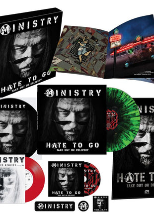 the album cover for Ministry - Hate To Go - Take Out Or Delivery [Deluxe Box - Black/Green Splatter]