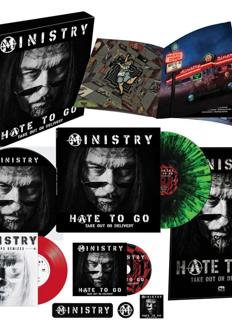 the album cover for Ministry - Hate To Go - Take Out Or Delivery [Deluxe Box - Black/Green Splatter]