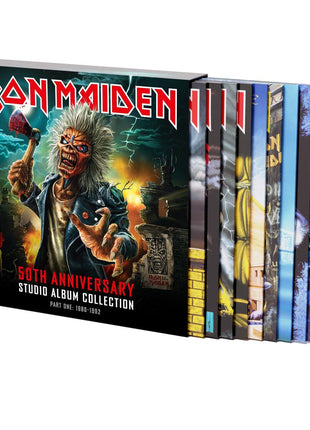 the album cover for Iron Maiden - 50th Anniversary Studio Album Collection, Part One: 1980-1992 [Multicolor 10 LP Box Set]