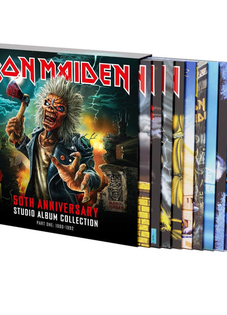 the album cover for Iron Maiden - 50th Anniversary Studio Album Collection, Part One: 1980-1992 [Multicolor 10 LP Box Set]