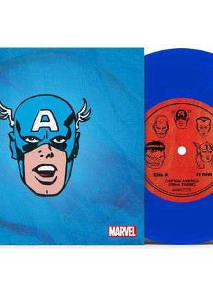 the album cover for Marvel Chorus - Merry Marvel Marching Society (1966 Theme) [Captain America Translucent Blue 7" Single]