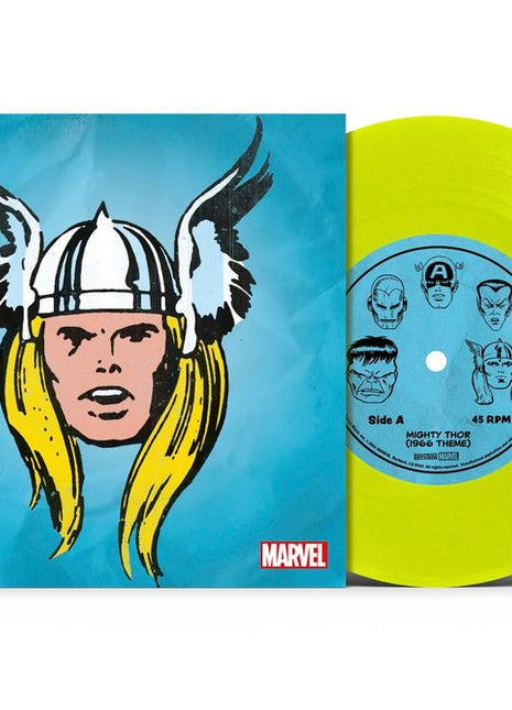 the album cover for Marvel Chorus - Merry Marvel Marching Society (1966 Theme) [Mighty Thor Translucent Yellow 7" Single]
