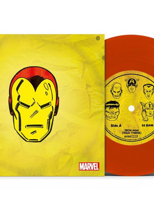 the album cover for Marvel Chorus - Merry Marvel Marching Society (1966 Theme) [Iron Man Translucent Red 7" Single]
