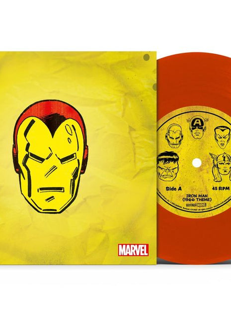 the album cover for Marvel Chorus - Merry Marvel Marching Society (1966 Theme) [Iron Man Translucent Red 7" Single]