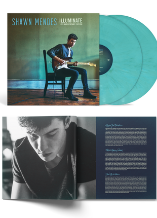 the album cover for Shawn Mendes - Illuminate - 10th Anniversary Edition [Translucent Aqua 2 LP]