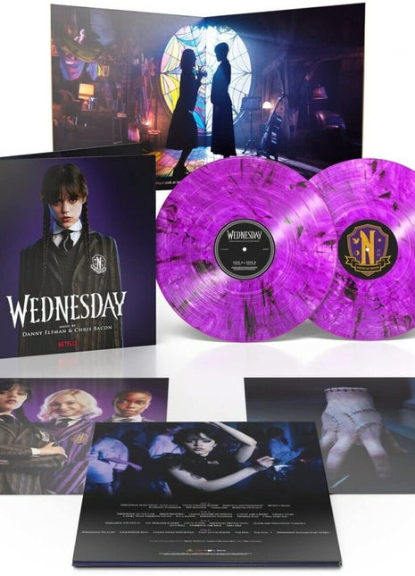 the album cover for Danny Elfman &amp; Chris Bacon - Wednesday [Purple Goth with Smokey Shadow 2LP]