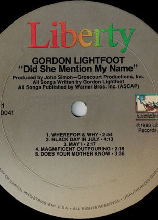 Gordon Lightfoot : Did She Mention My Name (LP, Album, RE, Abr)