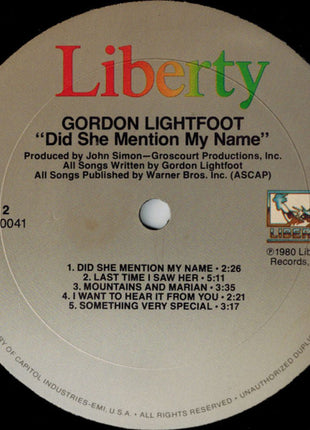 Gordon Lightfoot : Did She Mention My Name (LP, Album, RE, Abr)