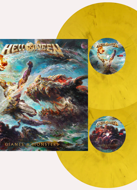 the album cover for Helloween - GIANTS & MONSTERS [Indie Exclusive Sunlight Yellow Marble 2LP, Pumpkin Etching on D-Side, 12-page booklet]