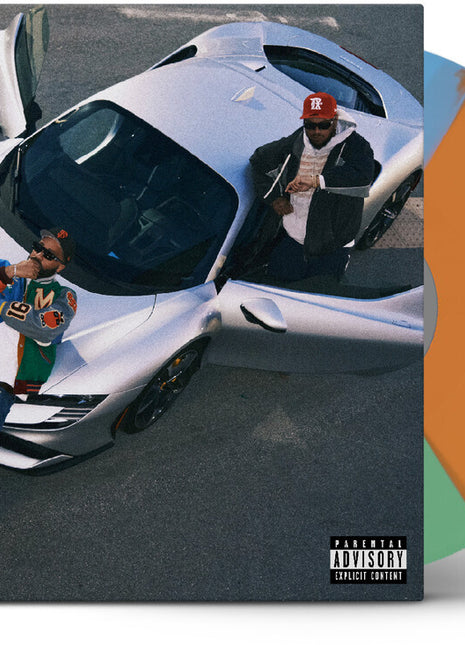 the album cover for Larry June  / Cardo - Until Night Comes [Green Blue & Orange Tri-Color Segment Vinyl]