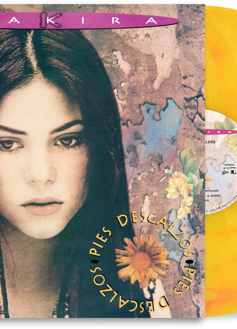 the album cover for Shakira - Pies Descalzos (30th Anniversary) [Yellow with Red Swirl Marble Colored Vinyl]