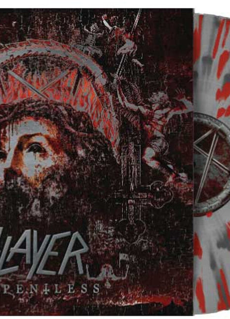 the album cover for Slayer - Repentless [Indie Exclusive Clear Silver Red Splatter]